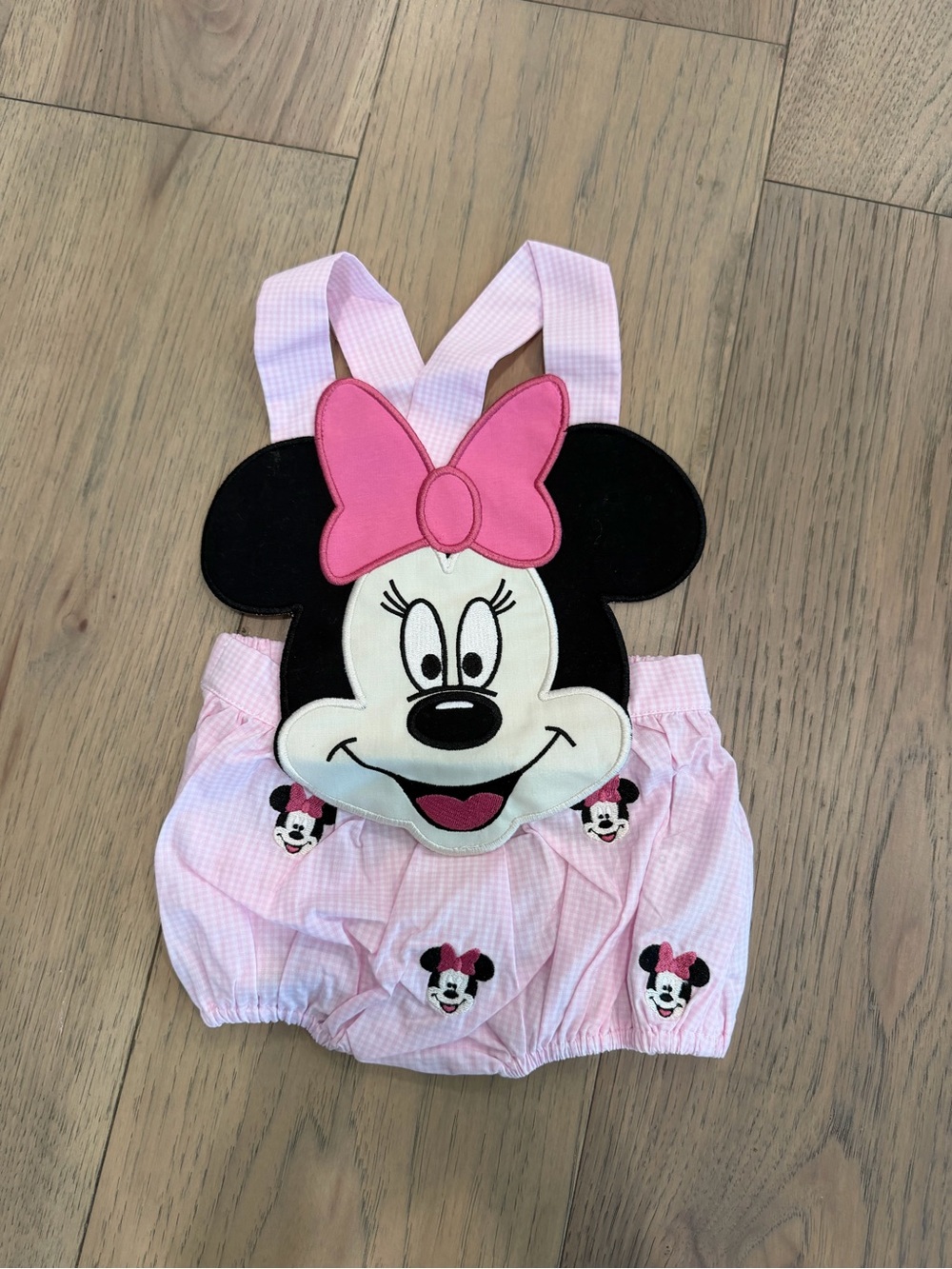 Southern Darlin Smocks Pink Minnie Mouse Baby Romper with Suspenders
